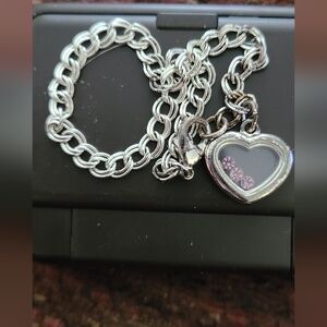 Silvertone Heart Charm Bracelet with Pink Crystal Alexandrite Accents-June B-day